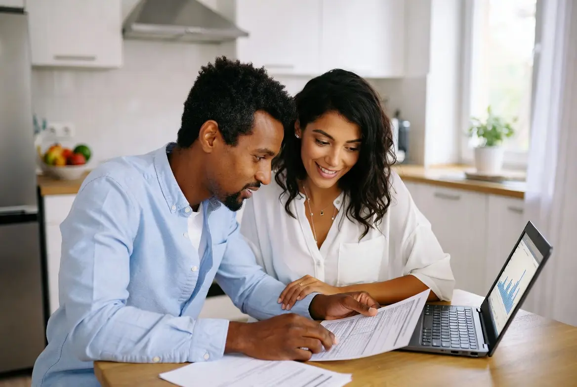 Confident diverse couple reviewing auto insurance documents and a laptop together at a bright modern kitchen table in a clean, well-lit home. Professional editorial photograph conveying trust and thoughtful decision-making.